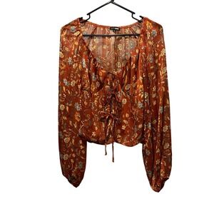 Fashion Nova Women Rust Orange Floral Lace Up Balloon Sleeve Blouse Top Large